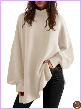 Oversized Turtleneck Sweater Chunky Knit Batwing Tunic Puff Sleeve Pullover